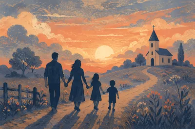 Family Silhouettes Walking to Rural Church Sunrise