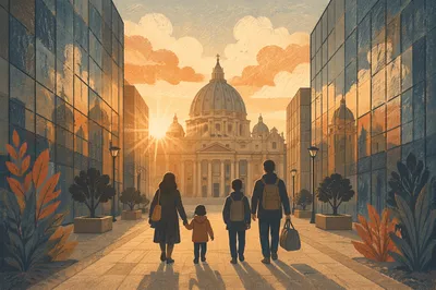 Family Silhouette Walking Toward Church Sunrise
