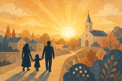 Family Silhouettes Walking Toward Sunrise Church
