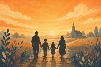 Family Silhouettes Walking Toward Church Sunrise