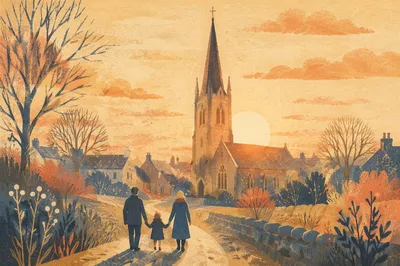 Family Silhouettes Walking to Church at Sunrise