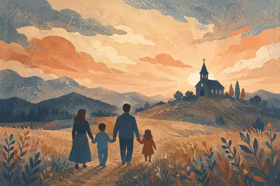Family Silhouettes Walking to Church at Sunrise