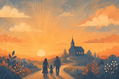 Family Silhouettes Walking to Church at Sunrise