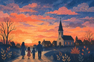 Family Silhouettes Walking to Church at Sunrise
