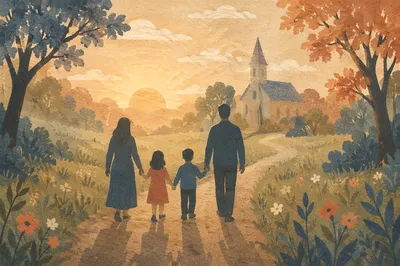 Family Silhouette Walking to Church at Sunrise
