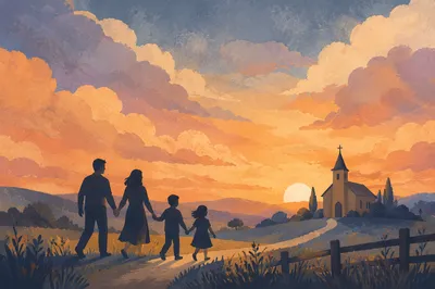 Family Silhouettes Walking to Church Sunrise