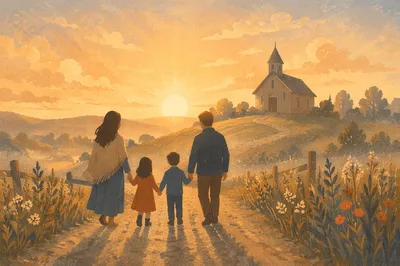 Family Silhouette Walking Toward Chapel Sunrise