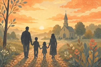 Family Walking Toward Church at Sunrise