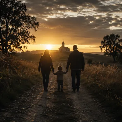 Family Silhouette Walking Toward Sunrise Chapel