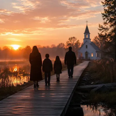 Family Silhouettes Walking Toward Sunrise Chapel