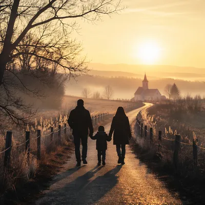 Family Silhouettes Walking Toward Church Sunrise