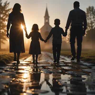 Family Silhouettes Walking to Church at Sunrise