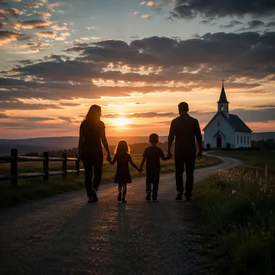 Family Silhouette Walking Toward Church Sunrise