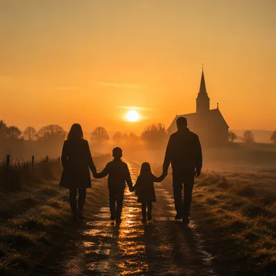 Family Walking Toward Church at Sunrise