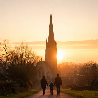 Family Silhouettes Walking Toward Church Sunrise