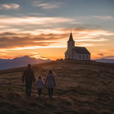 Family Walking Toward Church at Sunrise
