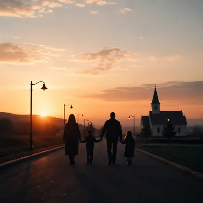 Family Silhouette Walking Toward Church Sunrise