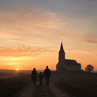 Family Silhouette Walking Toward Sunrise Church