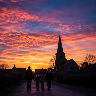 Family Walking Toward Church at Sunrise