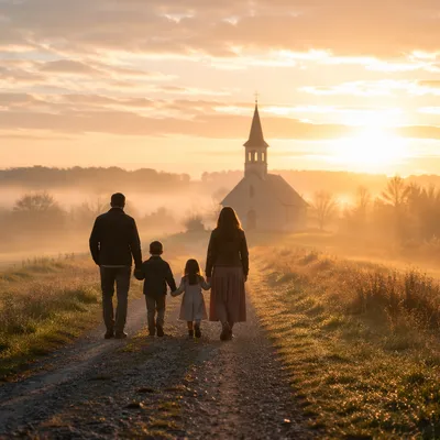 Family Silhouettes Walking to Church at Sunrise