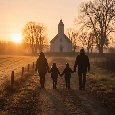 Family Walking Toward Chapel at Sunrise