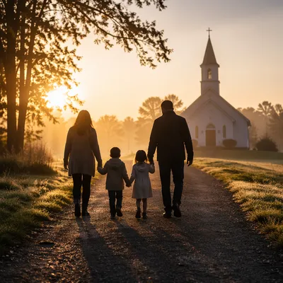 Family Silhouettes Walking Toward Church Sunrise