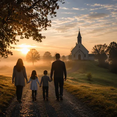 Family Silhouettes Walking to Chapel at Sunrise