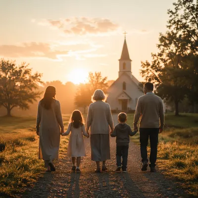 Family Walking to Countryside Chapel at Sunrise