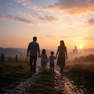 Family Silhouette Walking to Chapel Sunrise