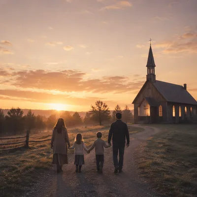 Family Walking Toward Rural Chapel Sunrise
