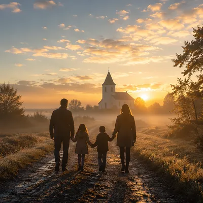 Family Silhouettes Walking Toward Country Church