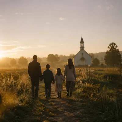 Family Walking Toward Church at Sunrise
