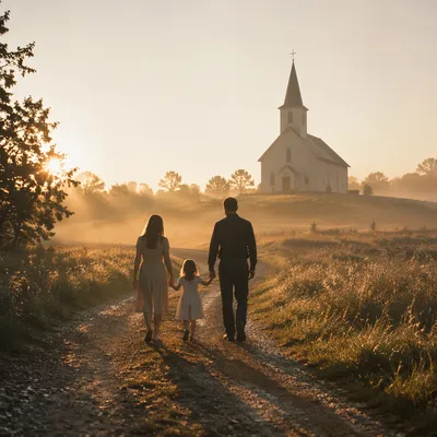 Family Silhouette Walking Toward Sunrise Chapel