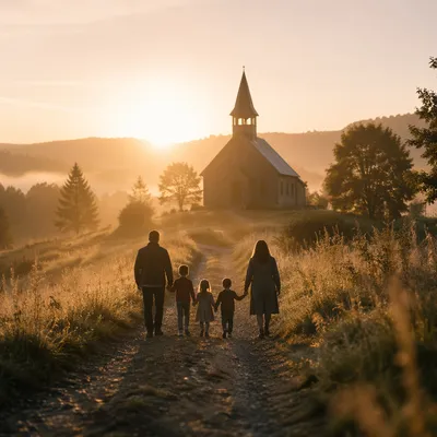 Family Silhouette Walking Toward Church Sunrise