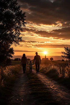 Family Silhouettes Walking Toward Sunrise Chapel