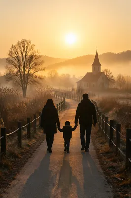 Family Walking Toward Church at Sunrise