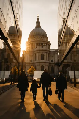 Family Silhouettes Walking Toward Church Sunrise