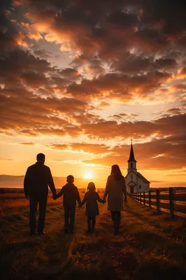 Family Silhouette Walking Toward Church Sunrise