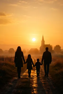 Family Silhouette Walking Toward Church Sunrise