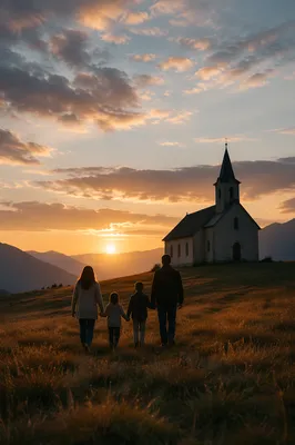 Family Walking Toward Church at Sunrise