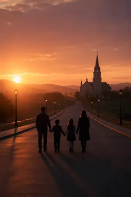 Family Silhouette Walking Toward Church Sunrise