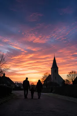 Family Silhouette Walking Toward Church Sunrise