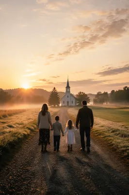 Family Silhouettes Walking to Church at Sunrise