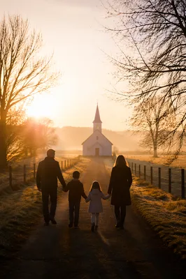 Family Walking Toward Church at Sunrise