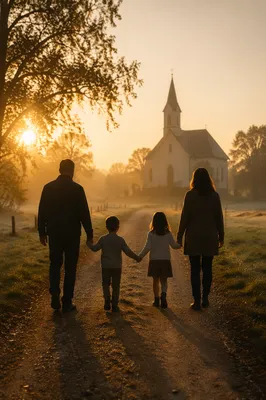 Family Silhouette Walking to Church at Sunrise