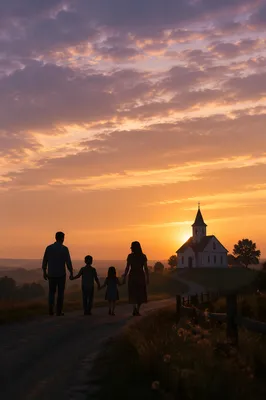 Family Silhouettes Walking to Church at Sunrise