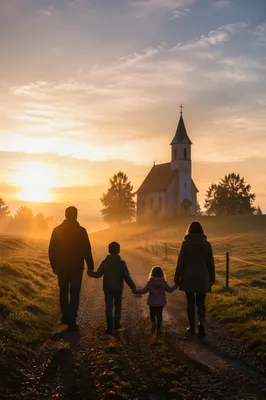 Family Walking Toward Chapel at Sunrise
