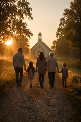 Family Walking Toward Chapel at Sunrise