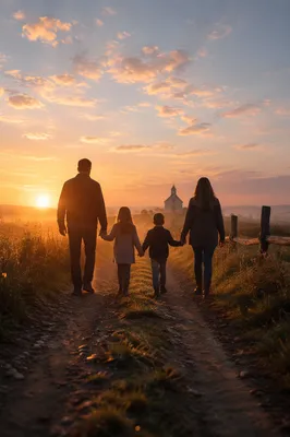 Family Silhouette Walking Toward Chapel Sunrise