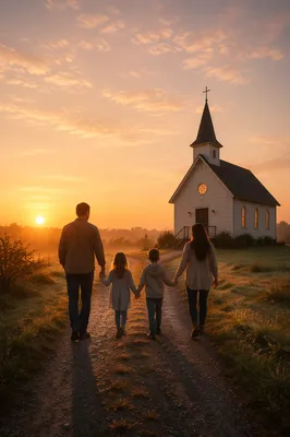 Family Walking Toward Chapel at Sunrise